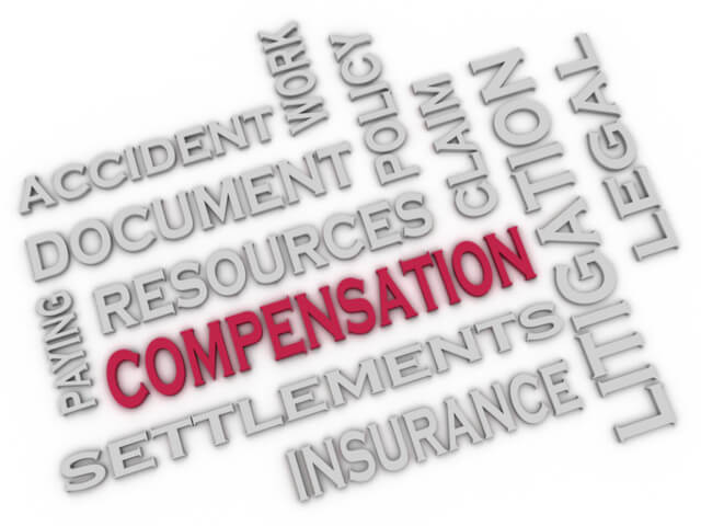 Word compensation bold in red surrounded by work accident policy claim paying settlement legal litigation insurance words